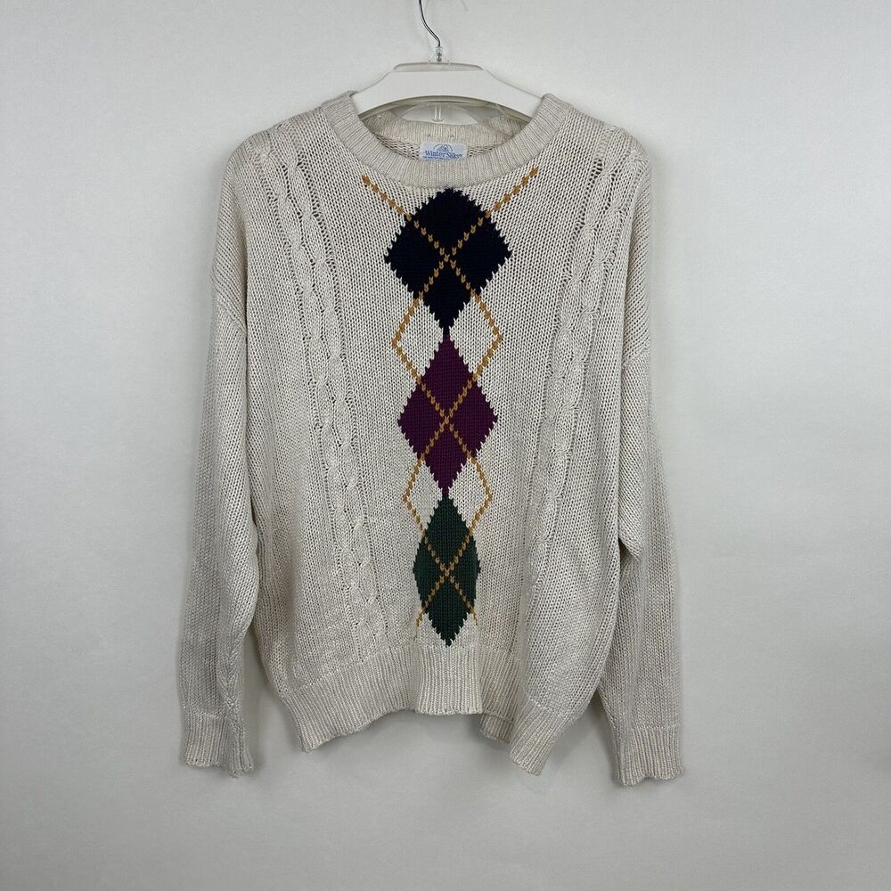 Vintage WinterSilks Mens XL 100% Silk Knit Sweater Cream Argyle Crew Neck Golf